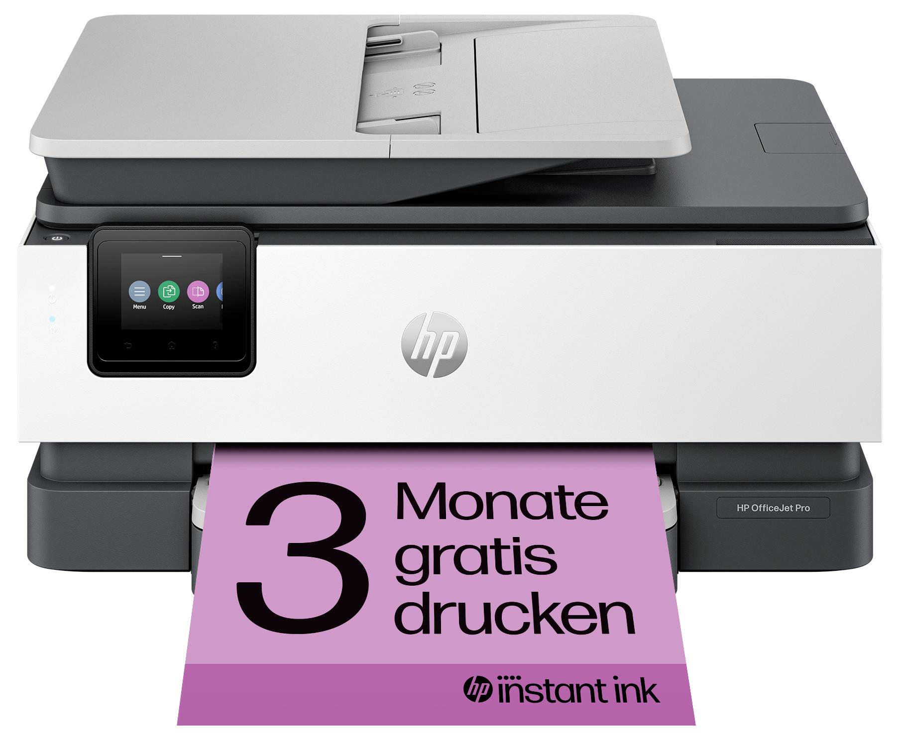 Imprimante tout-en-un HP avec écran tactile, imprimant une feuille promotionnelle rose portant les inscriptions « 3 mois d'impression gratuite » et « HP Instant Ink ».