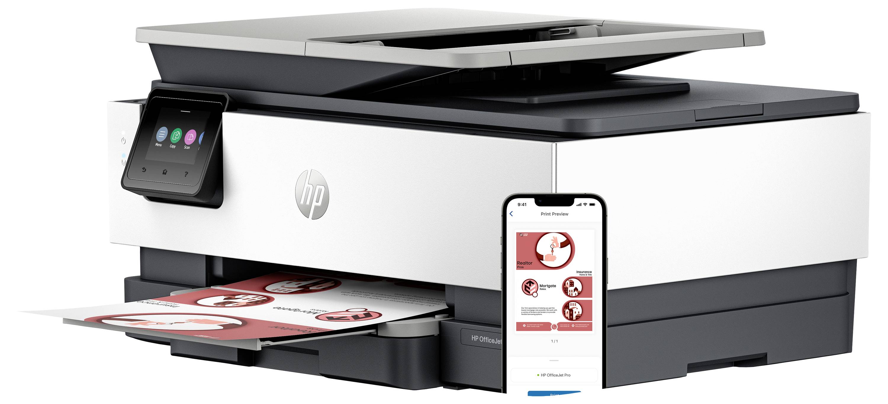 Imprimante tout-en-un HP imprimant une page en couleur, avec un panneau de commande tactile et un smartphone affichant l'application HP pour l'impression sans fil.