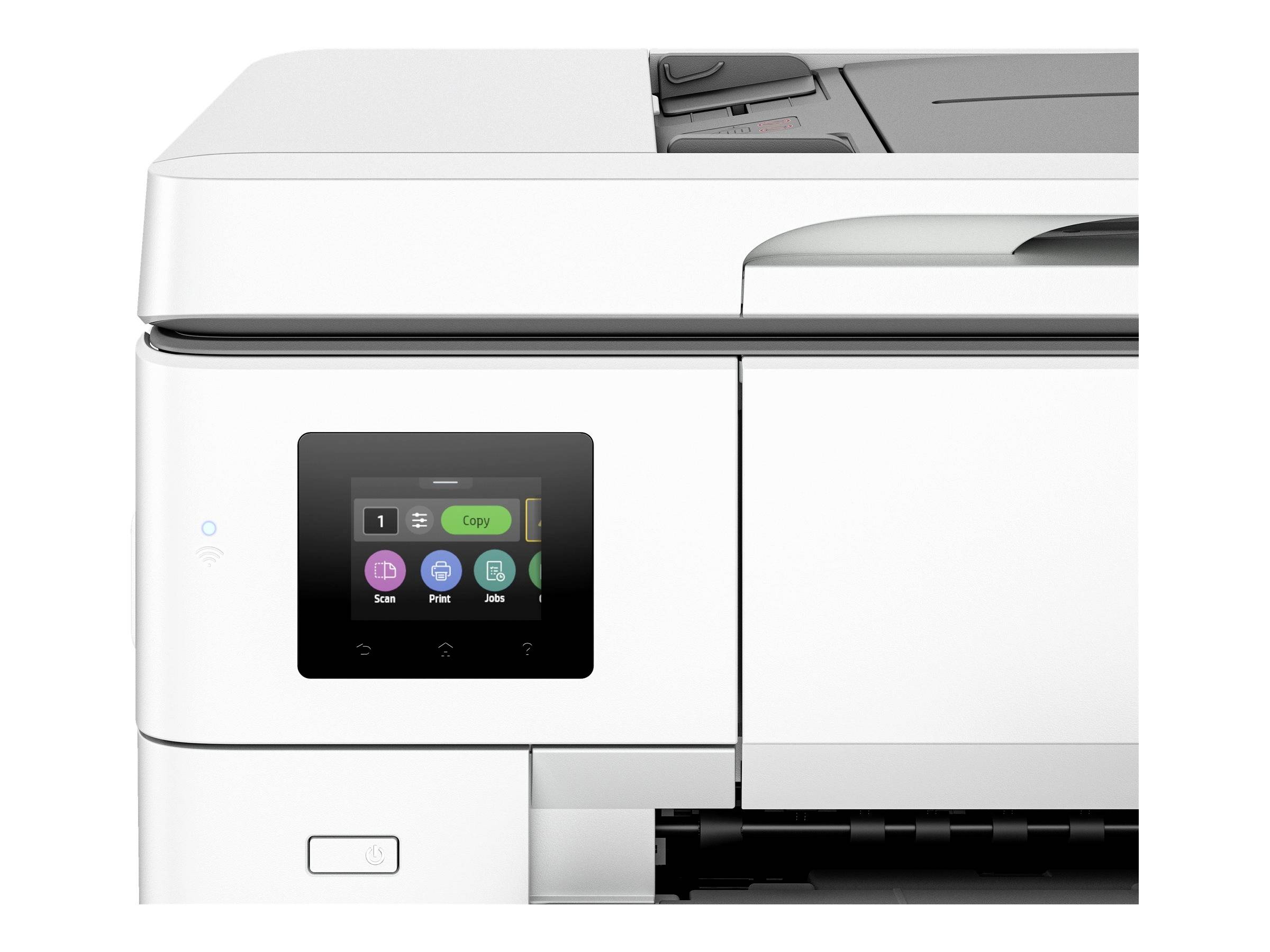 Un imprimante multifonction blanc avec un écran tactile affichant les options 'Copier', 'Numériser' et 'Télécopier'.