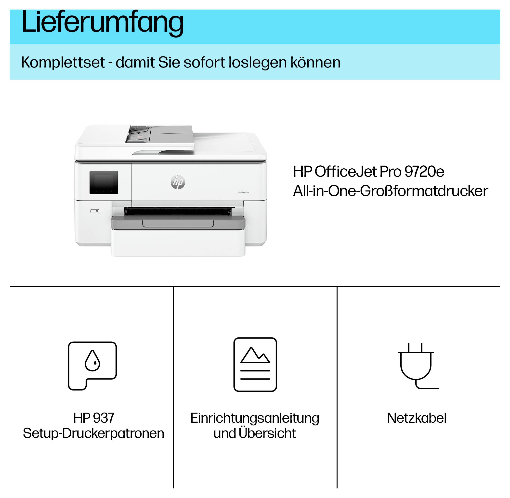 Contenu de la livraison pour HP OfficeJet Pro 9720e : imprimante, cartouches d'encre de configuration HP 937, guide de configuration et aperçu, câble d'alimentation.