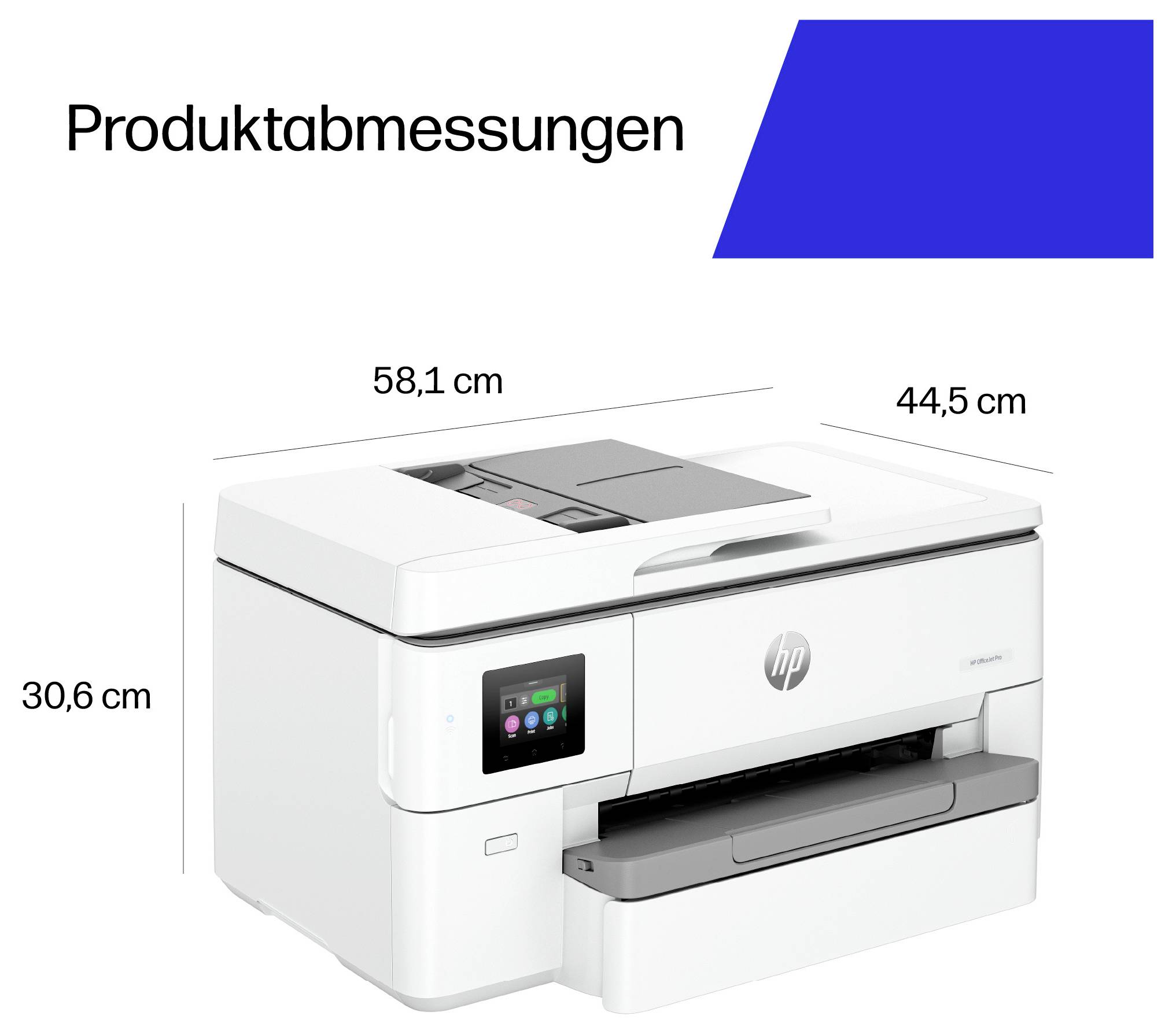 Graphique des dimensions du produit montrant une imprimante tout-en-un HP, mesurant 58,1 cm de large, 44,5 cm de profondeur et 30,6 cm de hauteur.