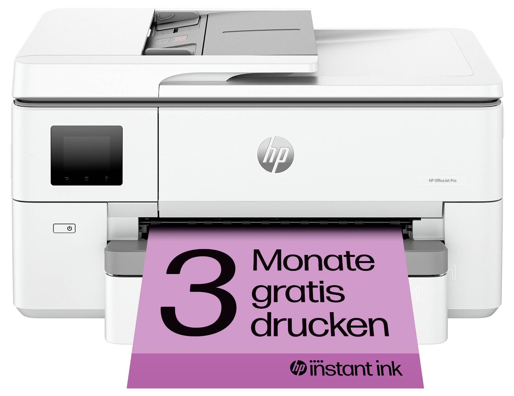 Imprimante HP blanche imprimant une feuille promotionnelle rose qui dit « 3 mois d'impression gratuite » et « hp instant ink ».