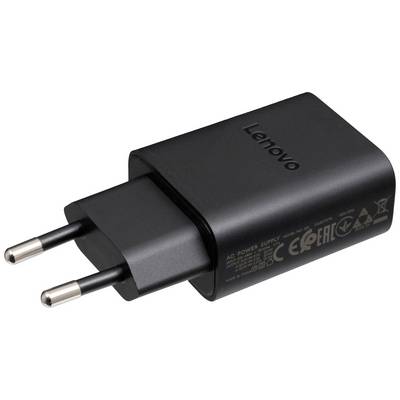 Un chargeur Lenovo noir avec des fiches européennes. Des marquages sur le côté indiquent des informations techniques et des certificats de sécurité.