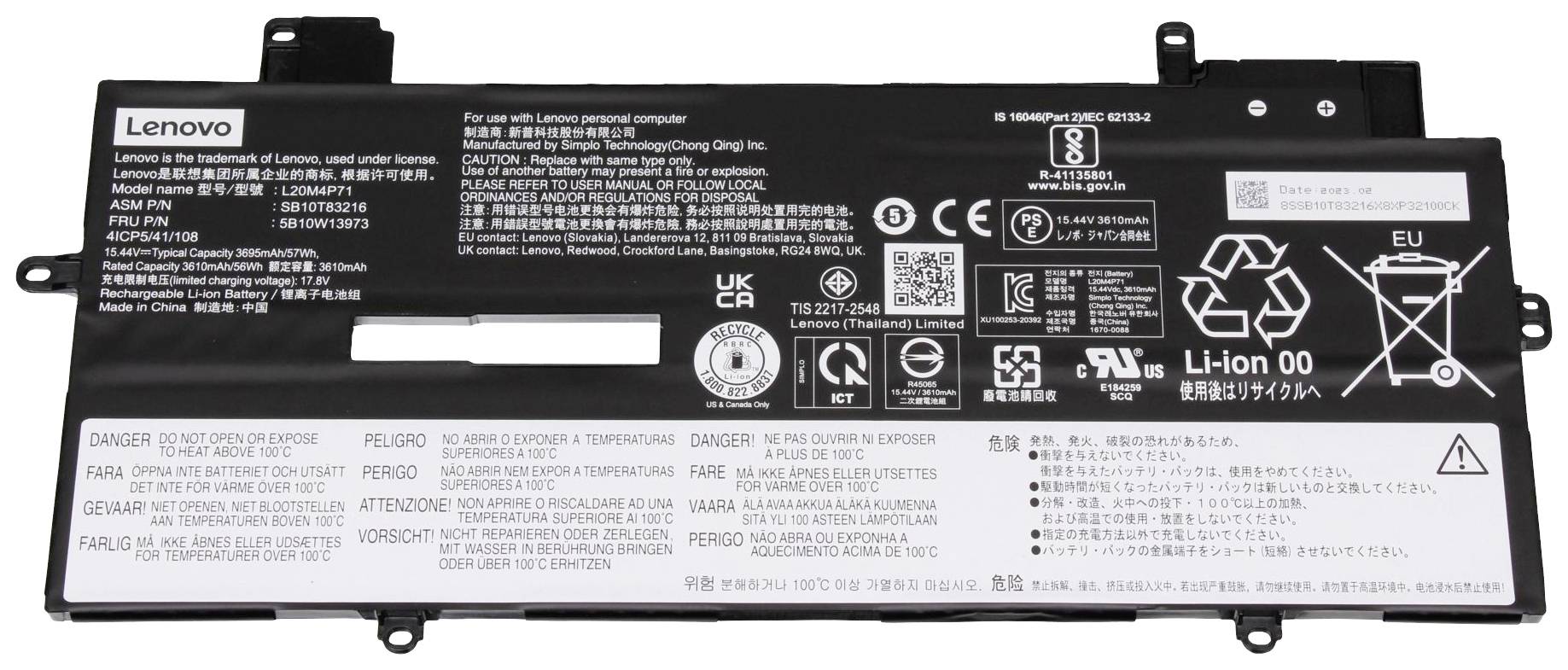 Batterie d'ordinateur portable de la marque Lenovo avec différents marquages et avertissements dans plusieurs langues, comprenant un symbole de recyclage.