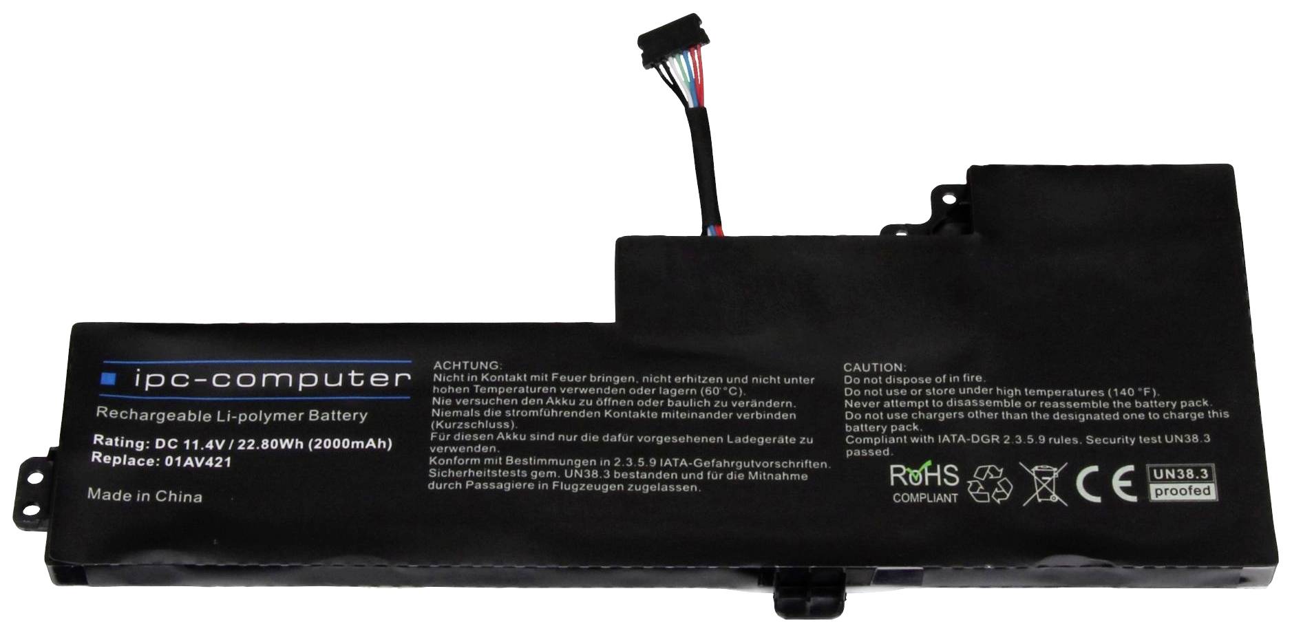 Une batterie Lithium-Polymère portant l'inscription 'ipc-computer' avec les spécifications 11,4V, 2000mAh. Contient des avertissements en allemand et en anglais.