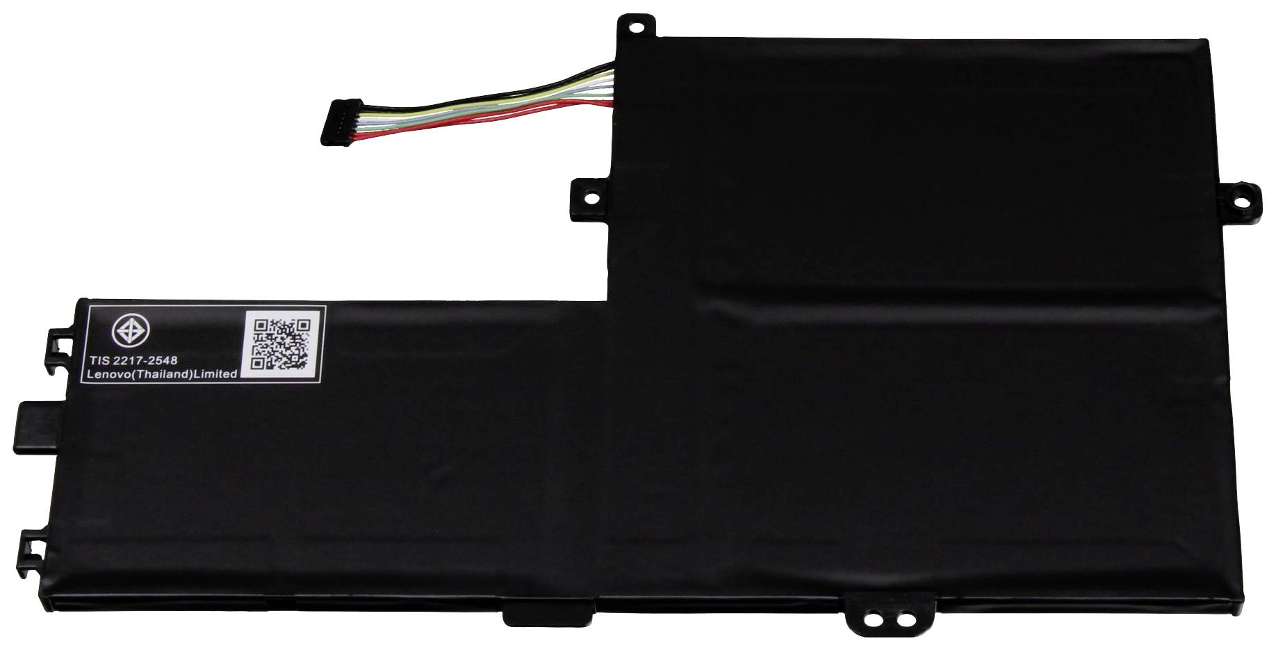 Un ordinateur portable rectangulaire noir avec des connexions de câble sur le côté gauche et une étiquette avec un code-barres sur le dessus.