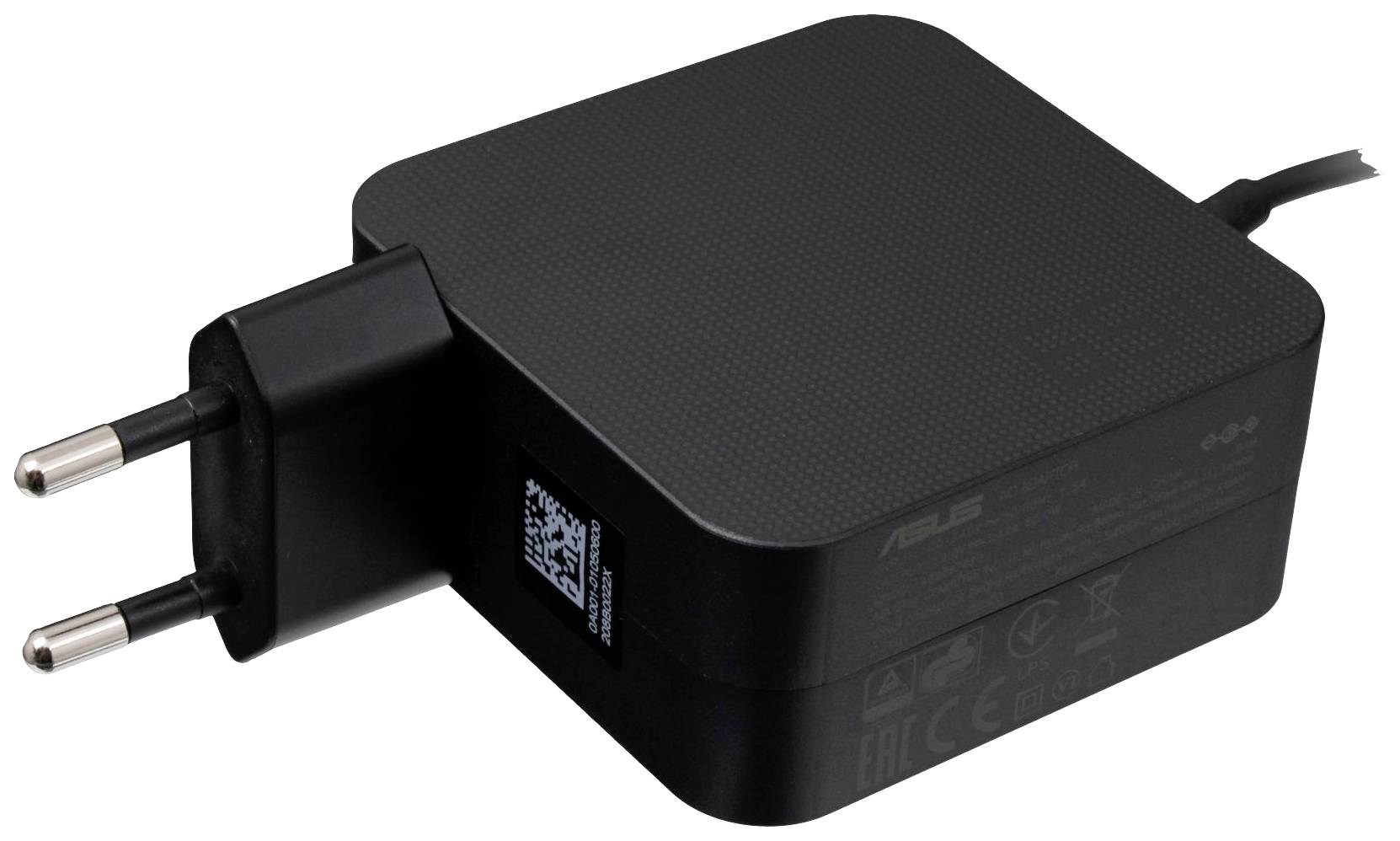 Un adaptateur secteur noir avec une fiche européenne, généralement utilisé pour les ordinateurs portables ou les appareils électroniques.