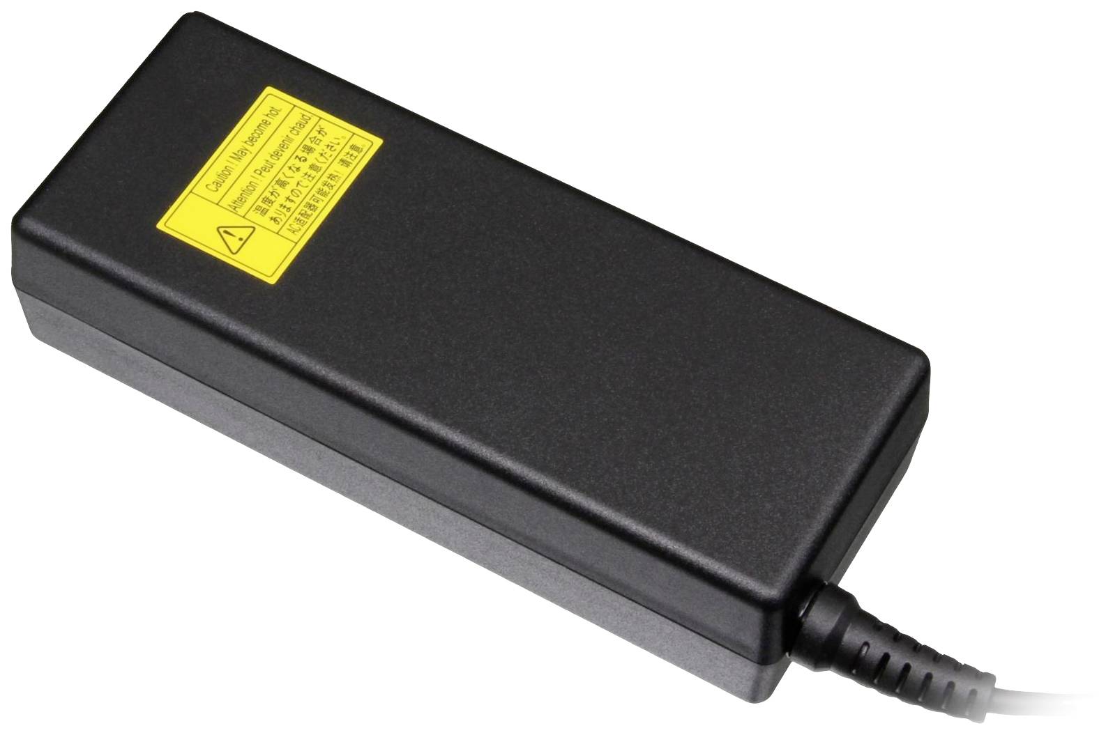 Adaptateur secteur noir pour ordinateur portable avec autocollant jaune d'avertissement, câble du côté droit. Essentiel pour l'alimentation électrique des ordinateurs portables.