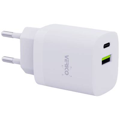 Chargeur USB blanc à deux ports, un port USB-A et un port USB-C, avec une prise secteur européenne.