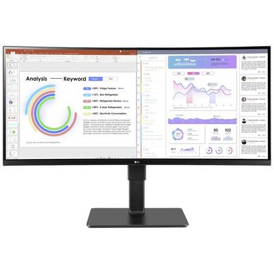 Un grand écran affiche à gauche une présentation avec des diagrammes et à droite une interface utilisateur colorée avec des statistiques et un calendrier.