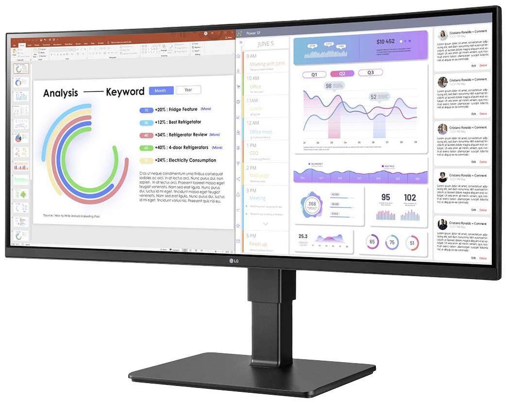Un écran large affiche deux fenêtres : à gauche, une présentation intitulée 'Analyse par Mots-clés', à droite, un tableau de bord avec des diagrammes et des statistiques.
