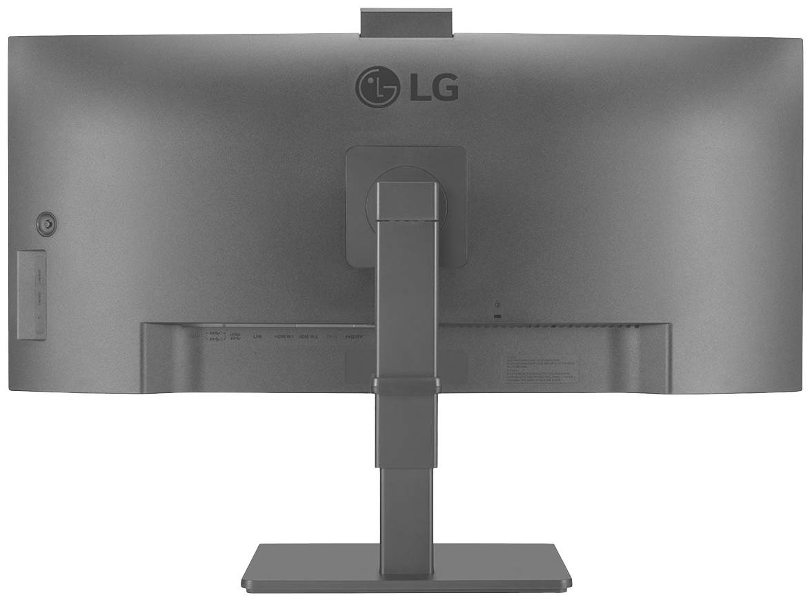 Vue arrière d'un moniteur LG installé sur un support réglable. Le logo est visible. Le moniteur présente un design élégant et moderne.