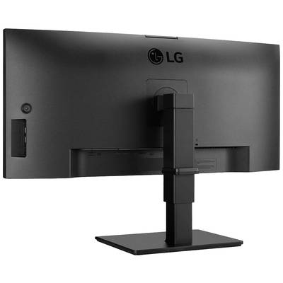 Un grand moniteur LG vu de dos, monté sur un support réglable en hauteur. Adapté aux environnements de bureau et au travail professionnel.
