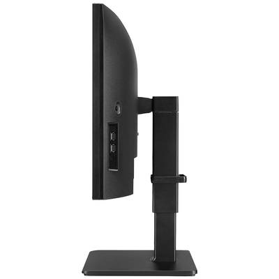 Vue latérale d'un moniteur noir avec un support vertical. Deux ports USB sont visibles sur le côté gauche.