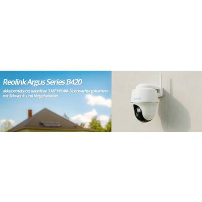 Caméra de surveillance Reolink Argus Series B420 montée sur un mur de maison, description : 'caméra de surveillance Wi-Fi sans fil de 3 MP fonctionnant sur batterie, avec capacité de rotation et d'inclinaison'.