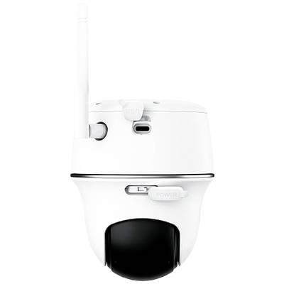 Caméra de surveillance blanche avec objectif noir et antenne, adaptée aux espaces intérieurs. Convient à la vidéosurveillance et à la sécurité.