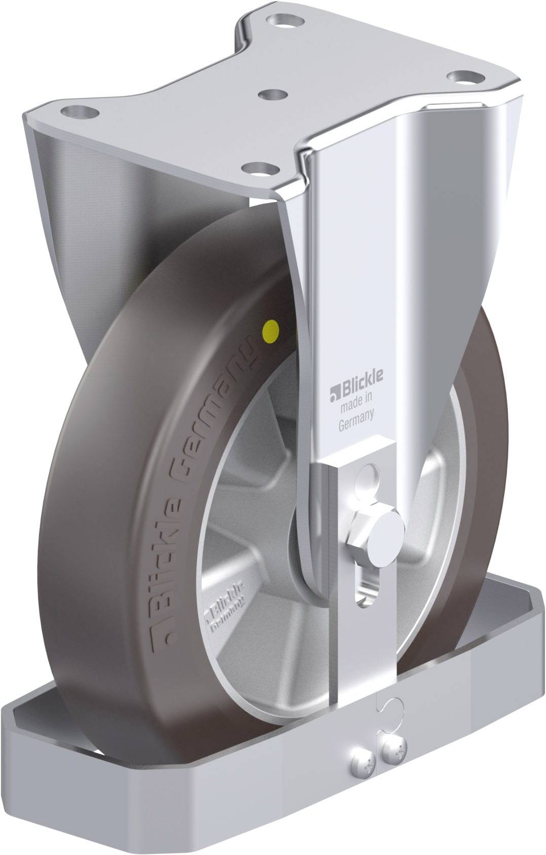 Roulette pivotante avec boîtier métallique et roue caoutchoutée, robuste pour applications industrielles.