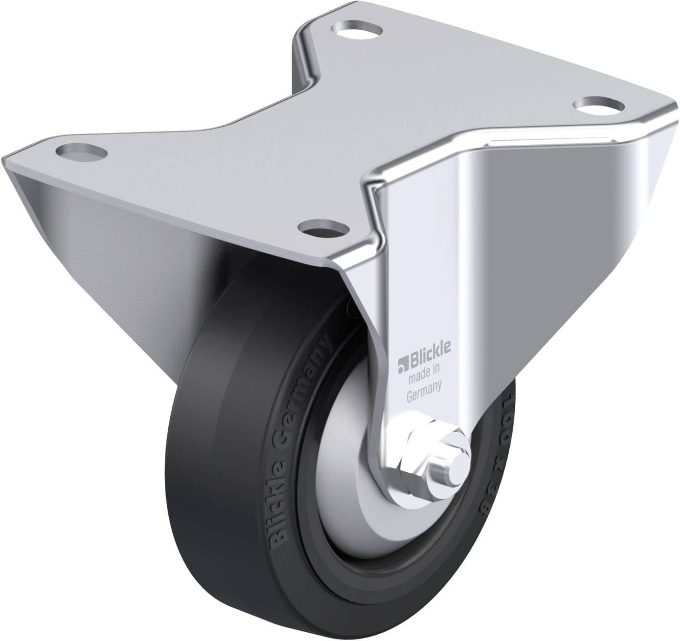 Roulette pivotante en acier avec roue noire, adaptée aux appareils de transport. La roue est en caoutchouc plein sur jante en plastique, support en acier inoxydable.