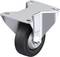 Roulette pivotante en acier avec roue noire, adaptée aux appareils de transport. La roue est en caoutchouc plein sur jante en plastique, support en acier inoxydable.
