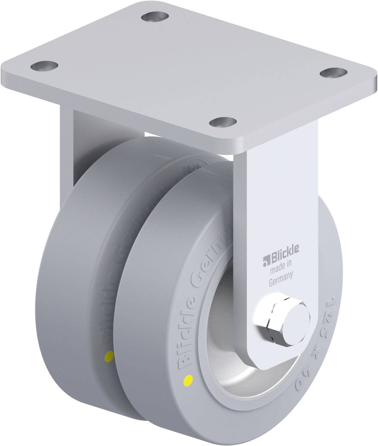 Deux rouleaux gris avec des supports métalliques pour des applications de charges lourdes. Noms de marque visibles sur le support et la surface de la roue.