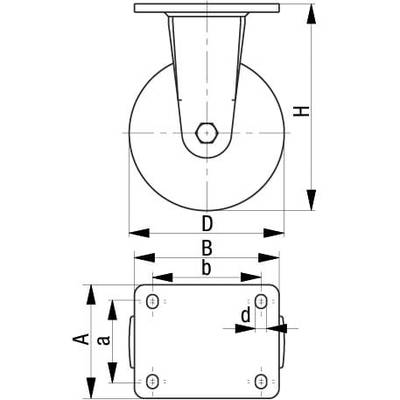 Dessin technique d'une roue avec plaque de montage, indiquant les dimensions A, B, H, a, b, d.