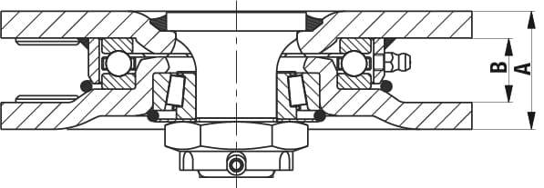 Coupe transversale d'un roulement à billes avec cotes A et B. La représentation montre la structure interne et les composants du roulement.