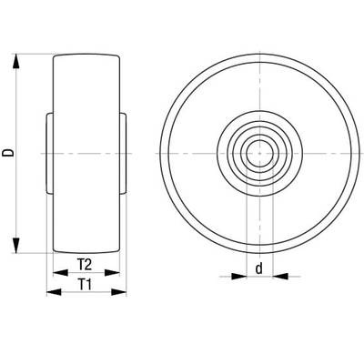 Dessin technique d'un roulement avec diamètres extérieur et intérieur marqués. La vue latérale montre les dimensions T1 et T2. La vue de dessus montre le diamètre d.