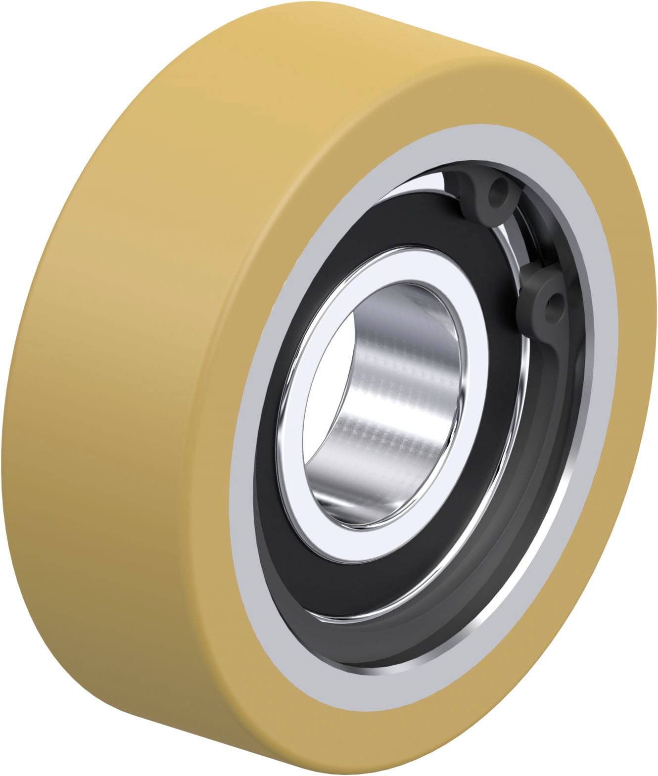 Un roulement industriel avec une bague métallique extérieure et un anneau en caoutchouc intérieur, adapté aux applications de machines lourdes.