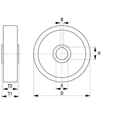 Dessin technique d'un roulement à billes à gorge avec les dimensions : 'T1', 'T2', 'B', 'H', 'D', 'd'. Présente une vue de face et une vue latérale.