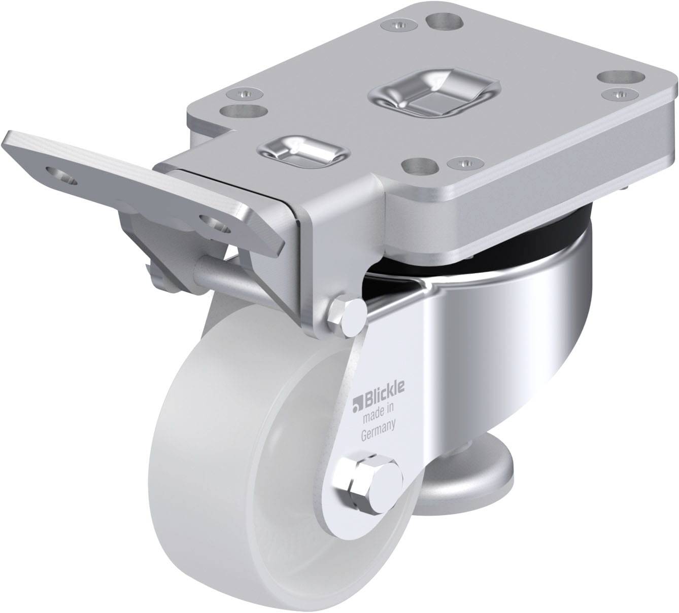Roulette industrielle pivotante en métal avec roue blanche, montée sur une platine de fixation plate, portant la marque 'Blickle made in Germany'.