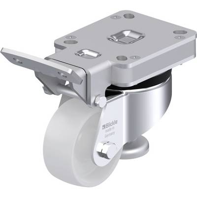 Roulette industrielle pivotante en métal avec roue blanche, montée sur une platine de fixation plate, portant la marque 'Blickle made in Germany'.