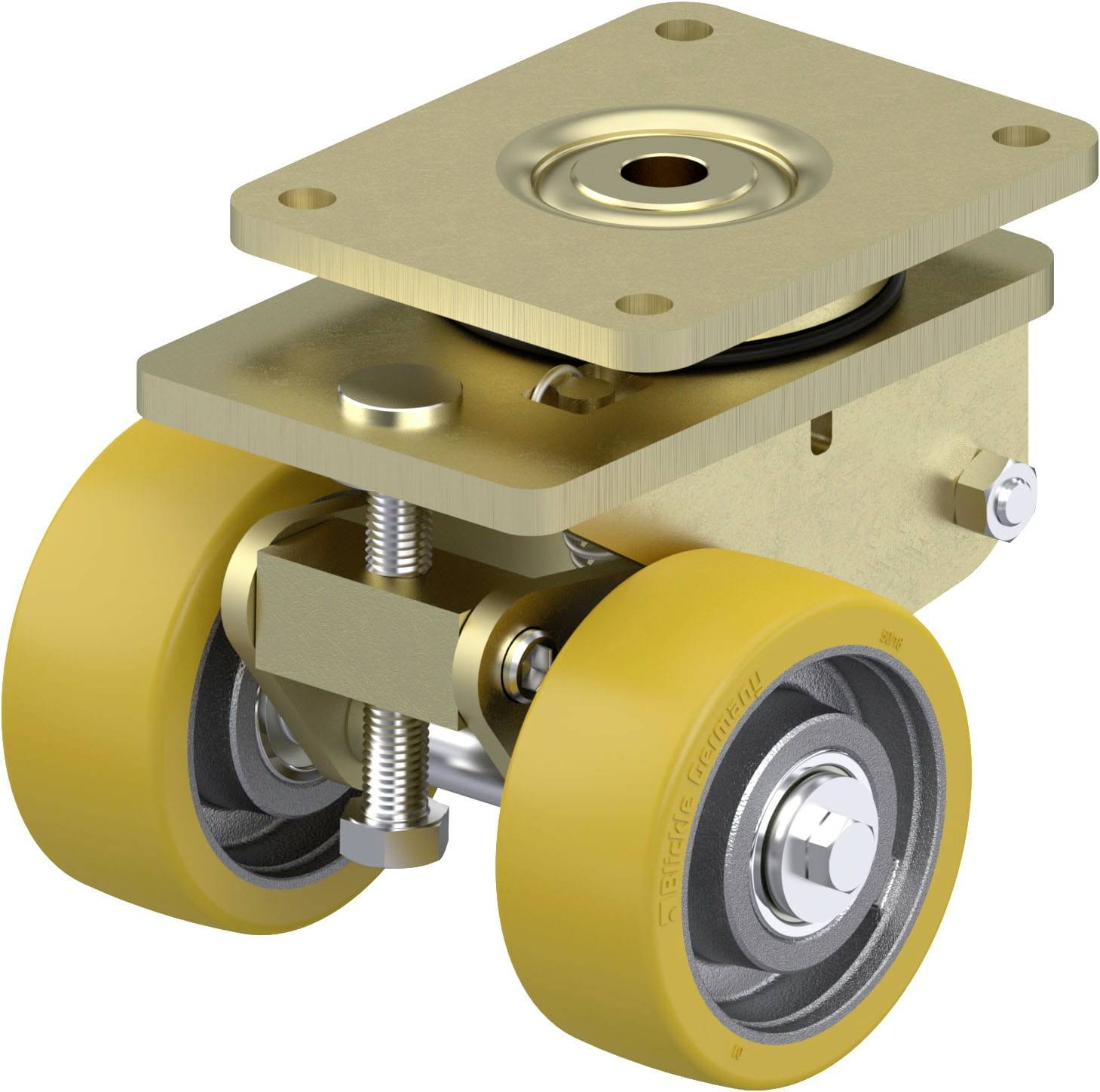 Un mécanisme de roue de direction pivotante industrielle à usage intensif avec des roues doubles jaunes et une plaque de montage robuste pour machines.
