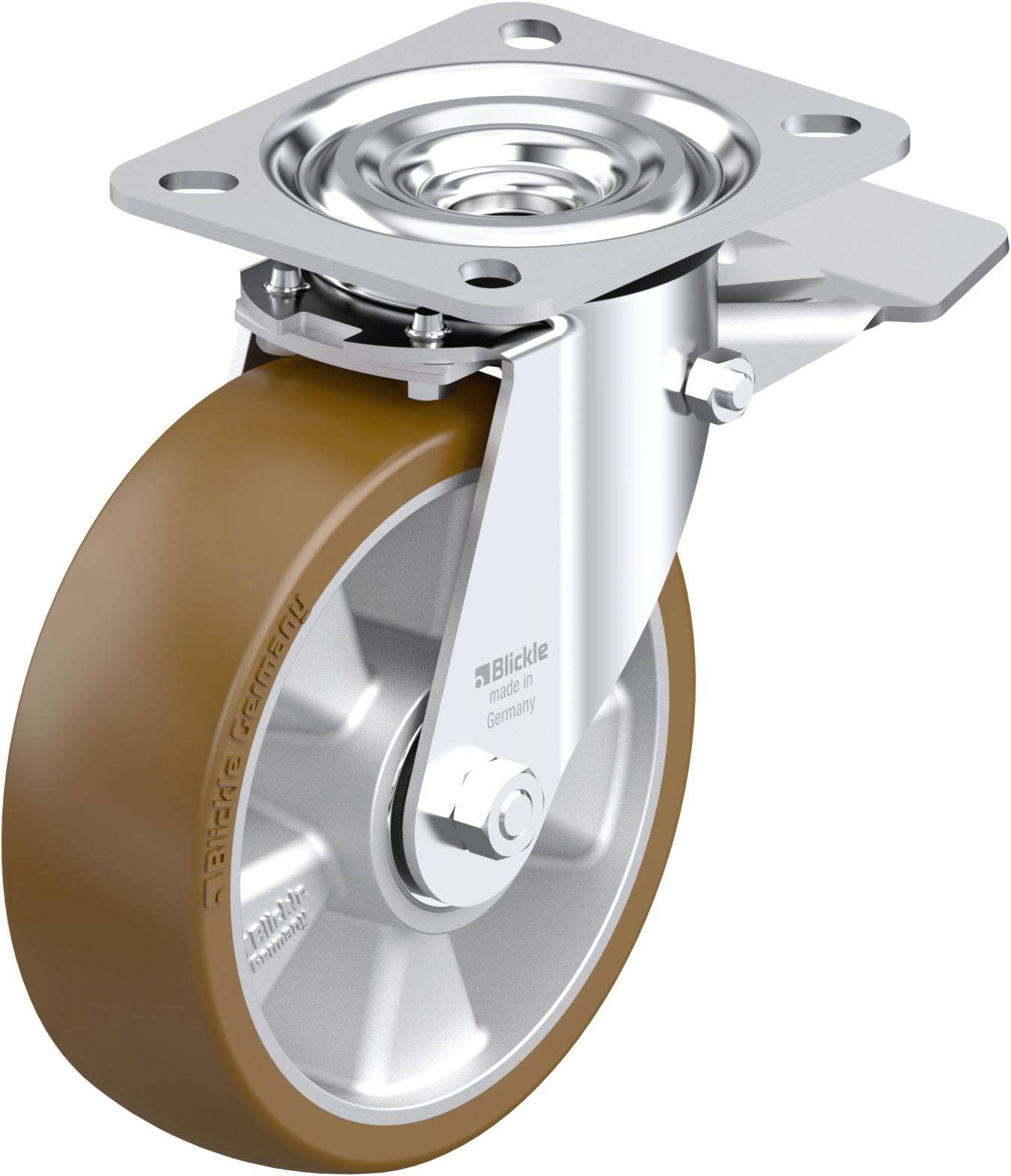 Roulette pivotante avec roue marron, boîtier métallique et fixation par platine pour montage sur meubles ou machines, assurant la mobilité.