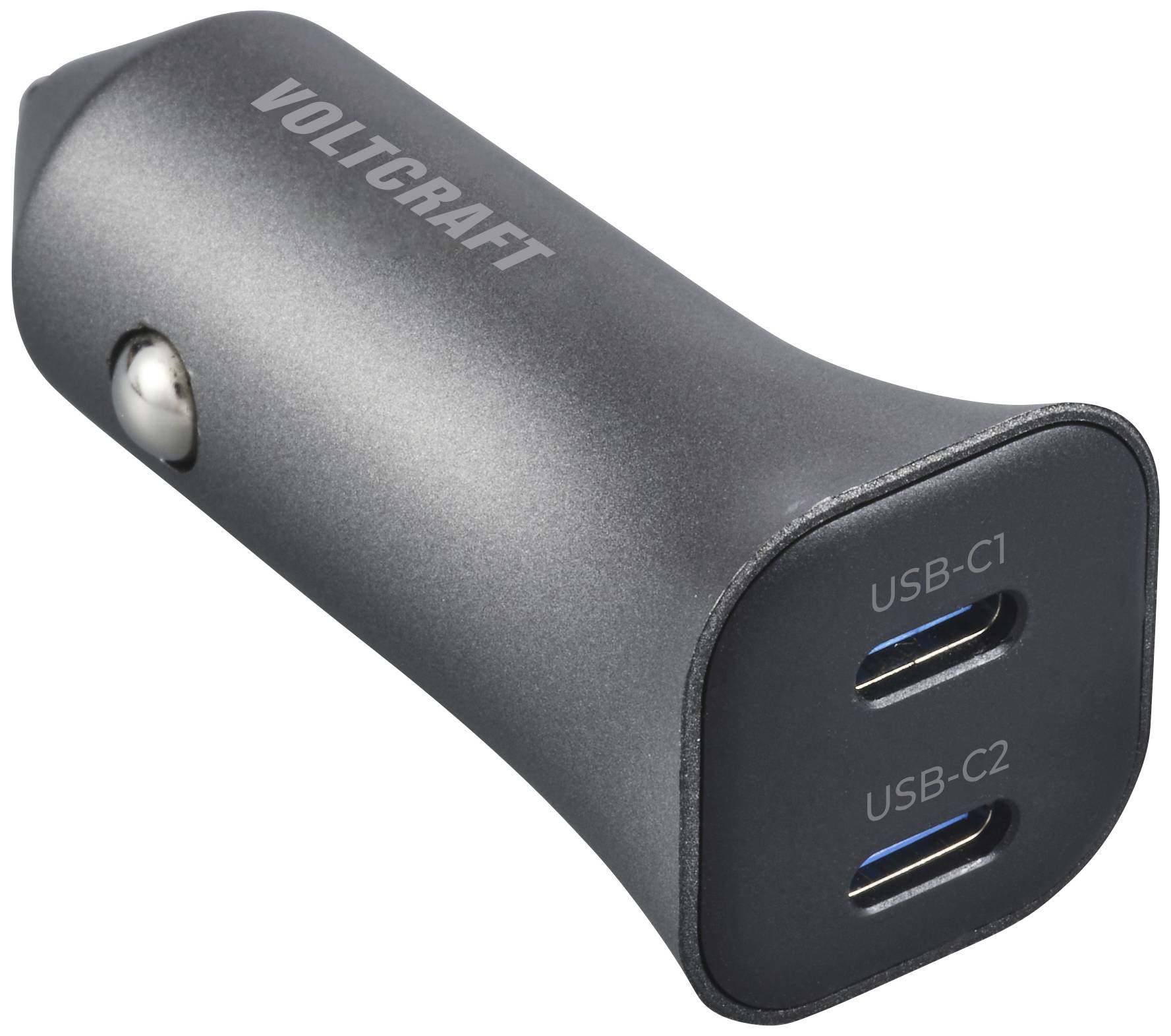 Adaptateur de chargeur de voiture USB noir et argent avec deux ports USB-C, étiquetés 'USB-C1' et 'USB-C2'. Face supérieure marquée du logo 'Voltcraft'.