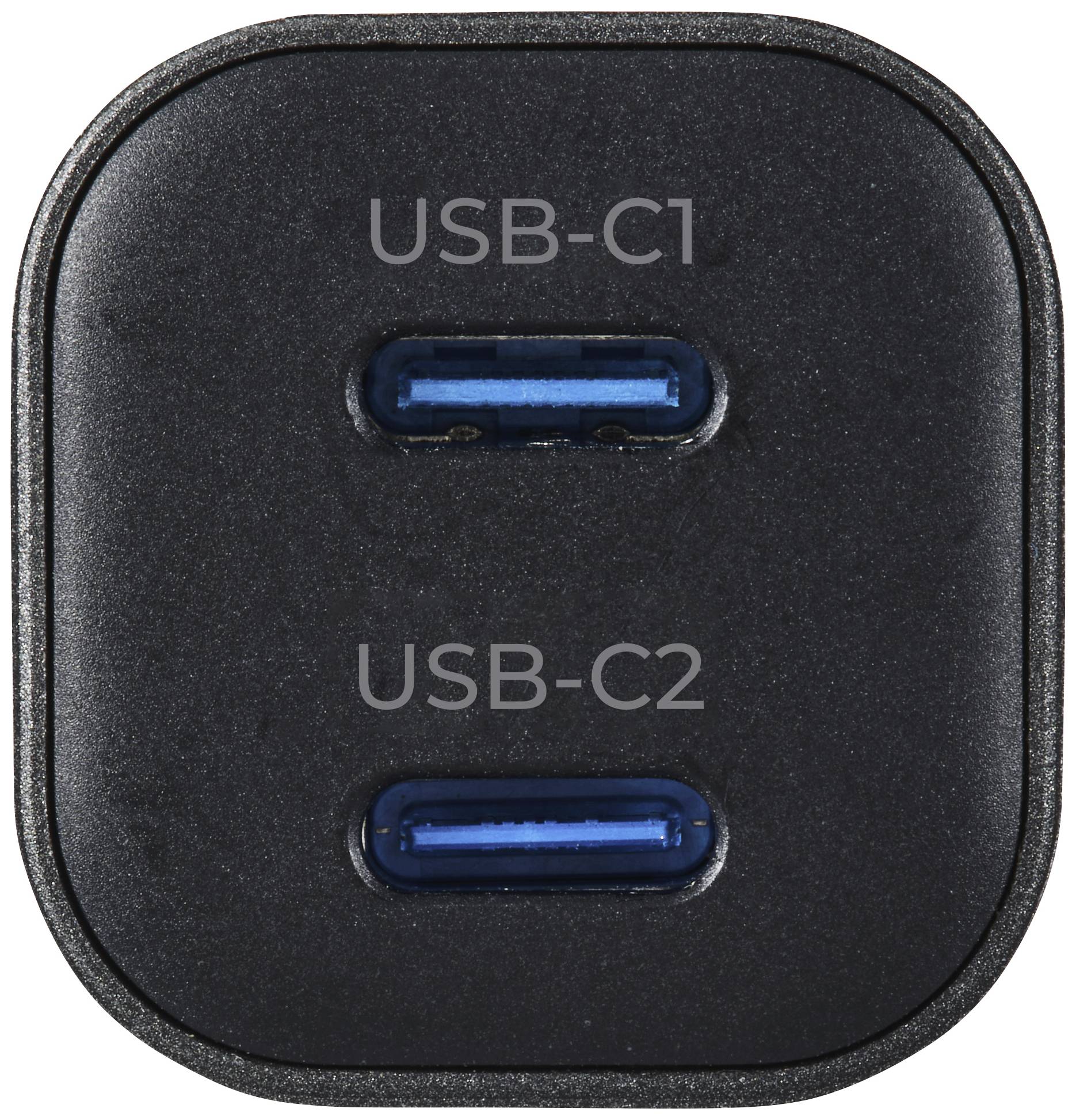 Adaptateur de prise USB noir à deux ports, étiquetés 'USB-C1' et 'USB-C2'.