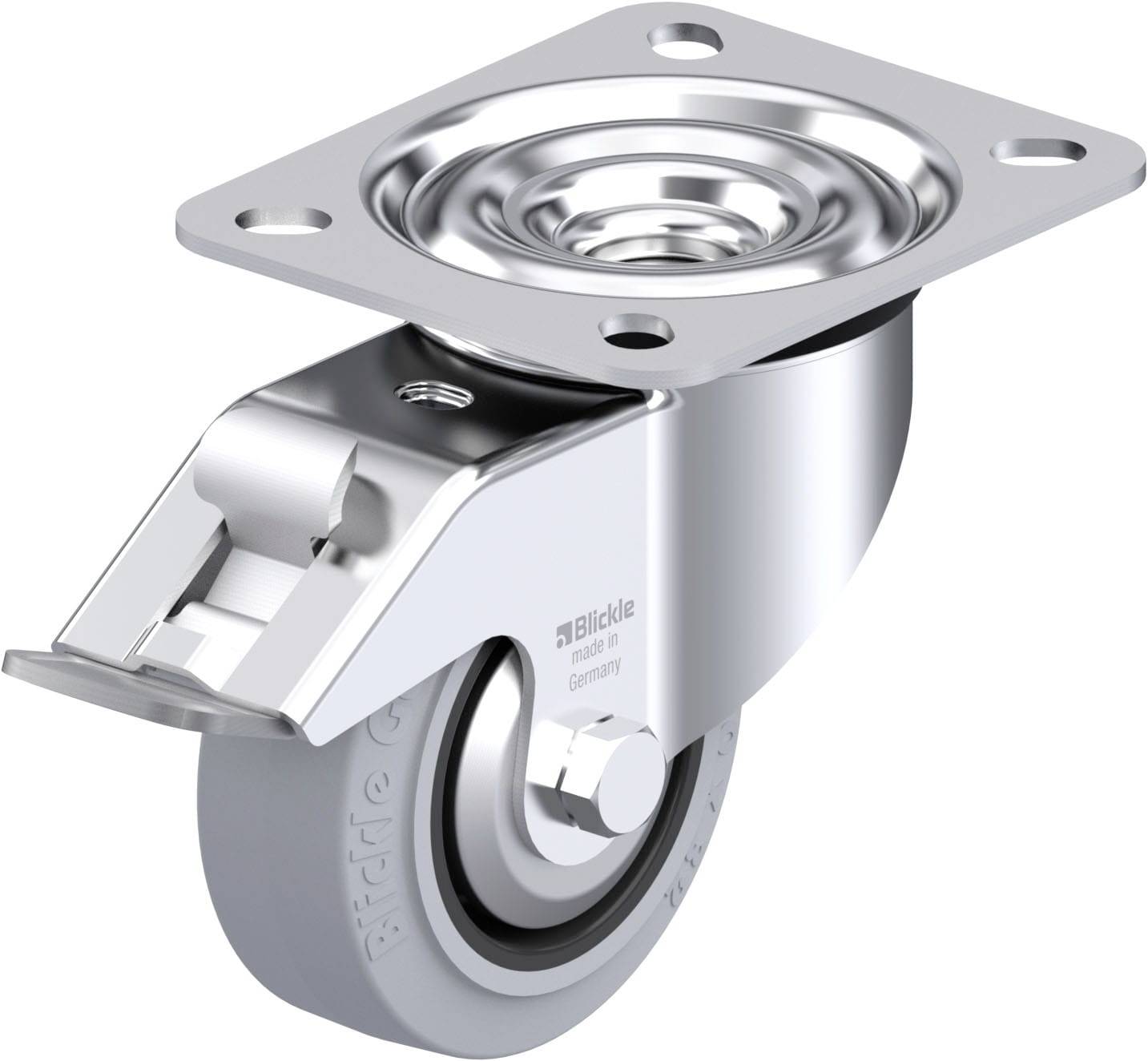 Roulette en métal avec roue grise et plaque de fixation, adaptée aux meubles ou chariots de transport. Fabrication de haute qualité visiblement reconnaissable.
