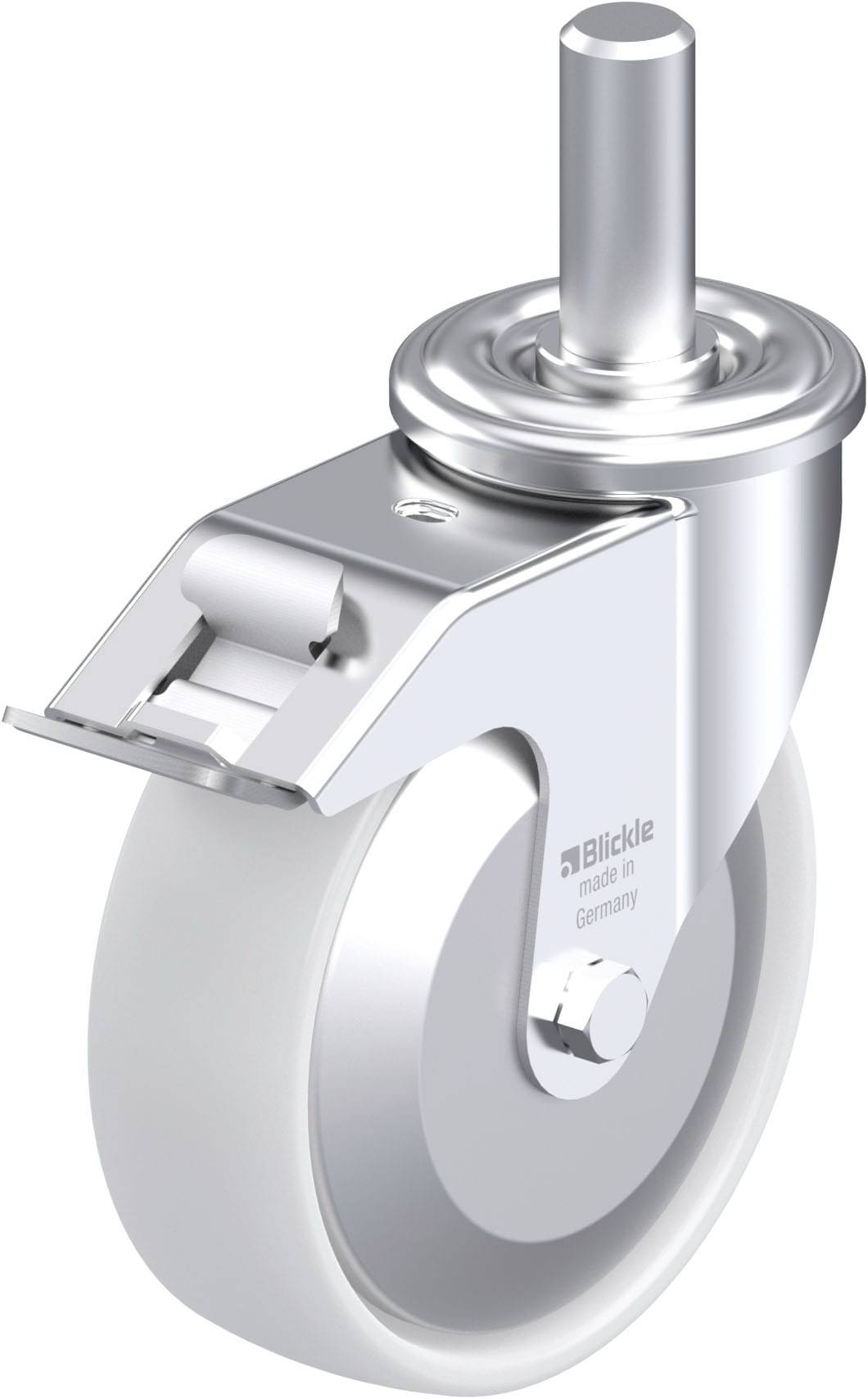 Une roulette de meuble argentée avec une surface de roulement en caoutchouc blanc et une tige de fixation, adaptée à diverses applications.