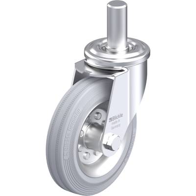 Roulette pivotante avec roue grise et boîtier métallique, marquée 'Blickle made in Germany', présentée sous un angle légèrement de côté.