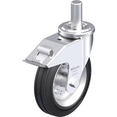 Volant en métal pivotant avec pneu en caoutchouc noir, adapté aux légers équipements de transport. Marquage : 'Blickle made in Germany'.