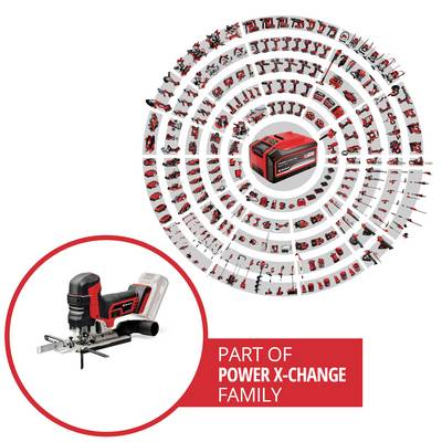Une gamme d'outils électriques rouges et noirs disposés en cercle autour d'un bloc-batterie central. Texte : "Fait partie de la famille Power X-Change".