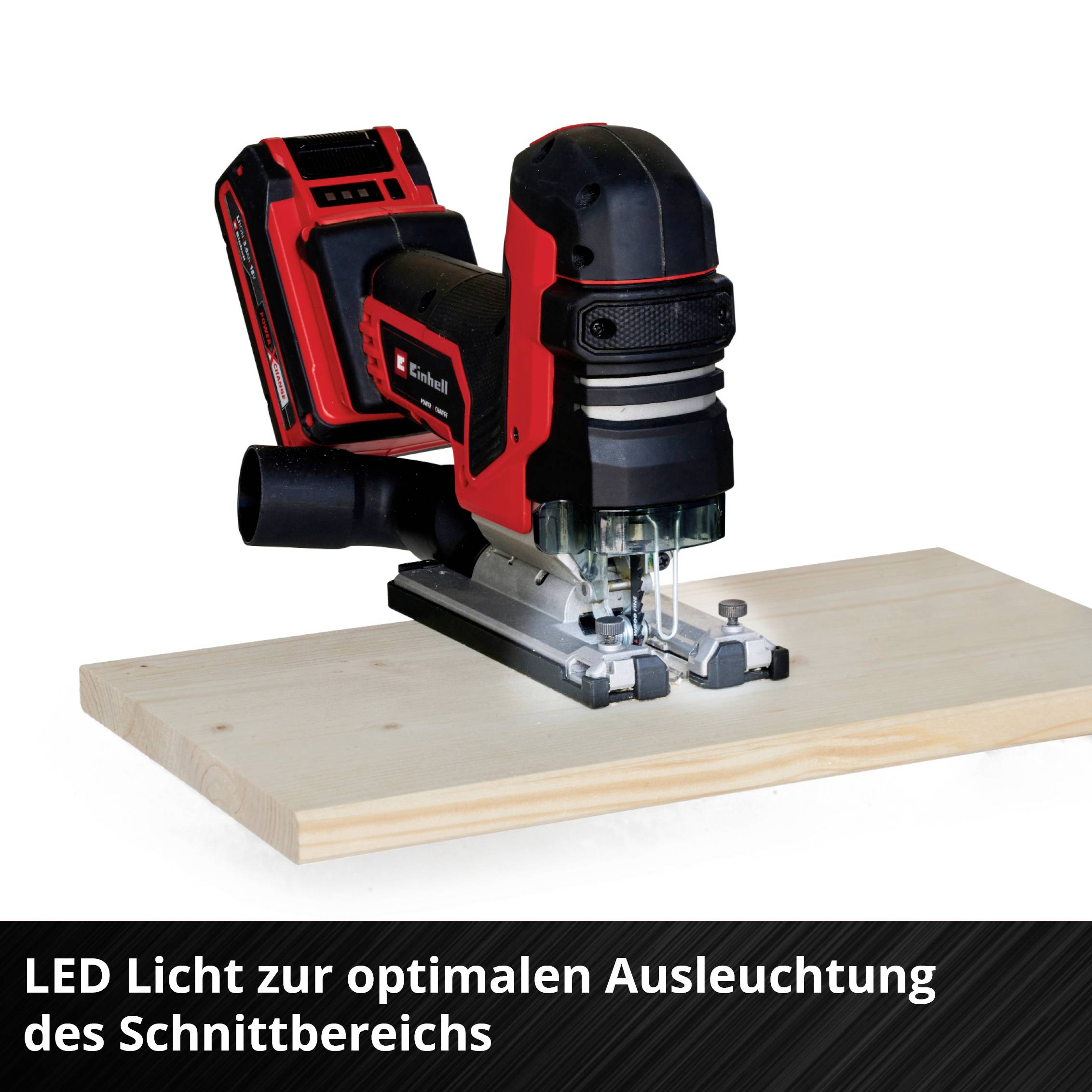 Une défonceuse électrique sur une planche en bois, mise en valeur par un éclairage LED pour un éclairage optimal de la zone de coupe.