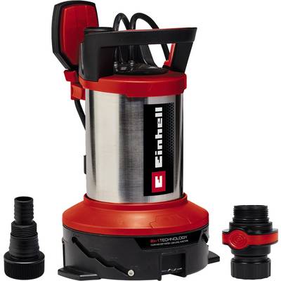 Pompe de plongée Einhell en rouge et noir, avec boîtier en acier inoxydable et raccord de tuyau amovible, adaptée pour le pompage de l'eau.