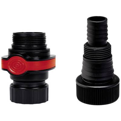 Deux raccords en plastique noir : à gauche un raccord plus large avec un anneau rouge, à droite un raccord plus étroit à surface striée.
