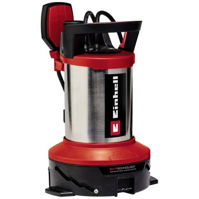 Une pompe de puisard rouge et noire d'Einhell avec poignée, raccords et l'inscription '3in1 TECHNOLOGY' sur la base.