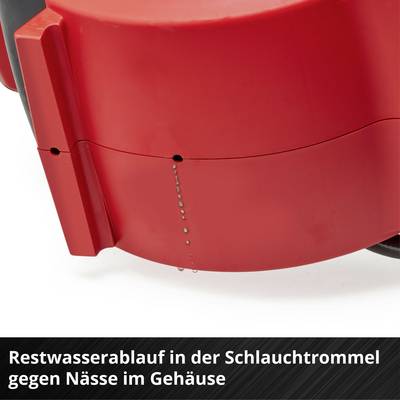 Tambour de tuyau rouge avec évacuation de l'eau résiduelle, permettant d'éviter l'humidité dans le boîtier.