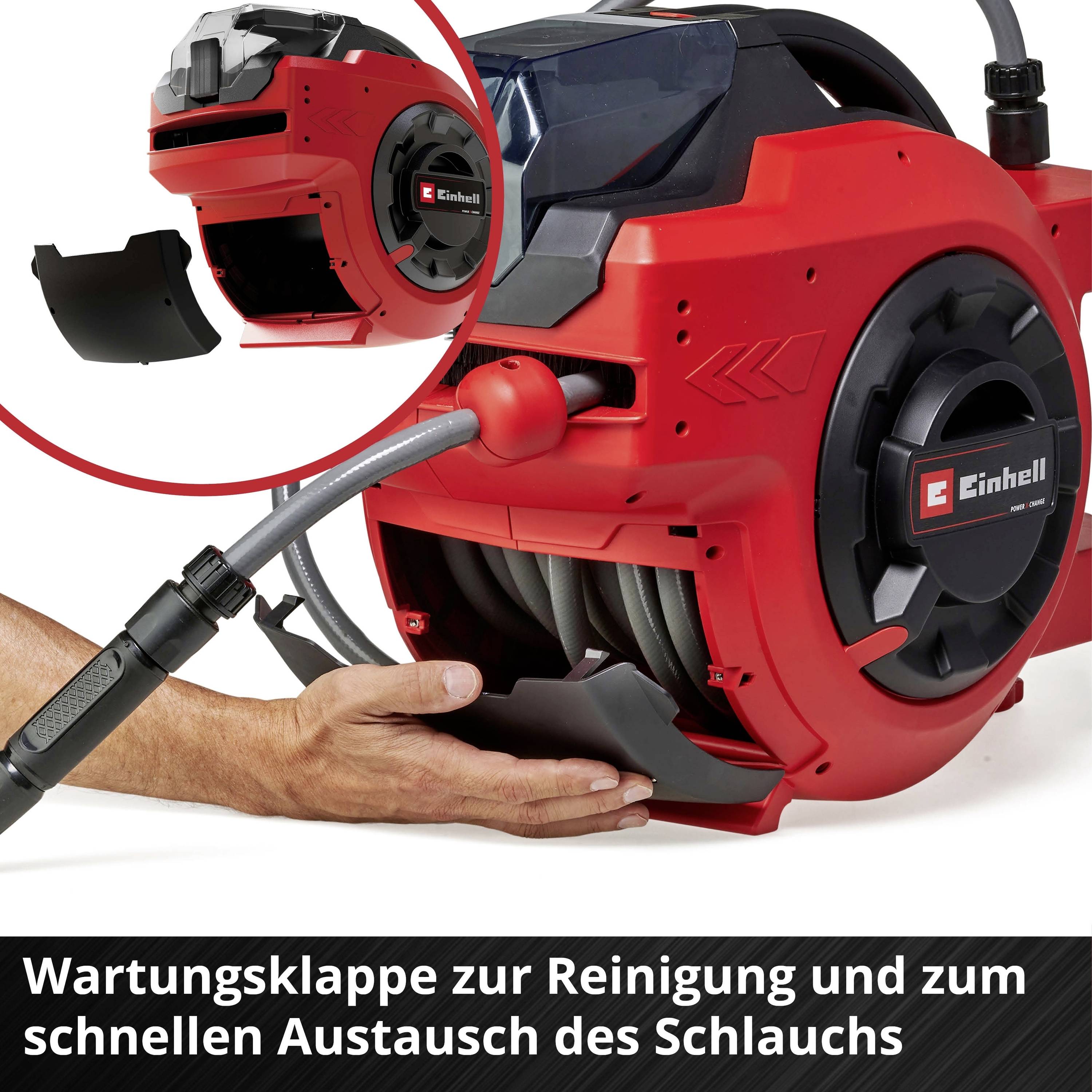 Tambour de tuyau rouge d'Einhell avec clapet de nettoyage et de remplacement, illustrant la facilité d'utilisation et la fonctionnalité.