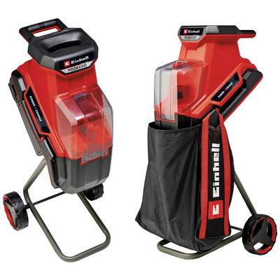 Broyeur électrique Einhell REDAXO de couleur rouge et noir avec panier de collecte. Idéal pour broyer les déchets de jardin. Monté sur roues pour une mobilité facilitée.