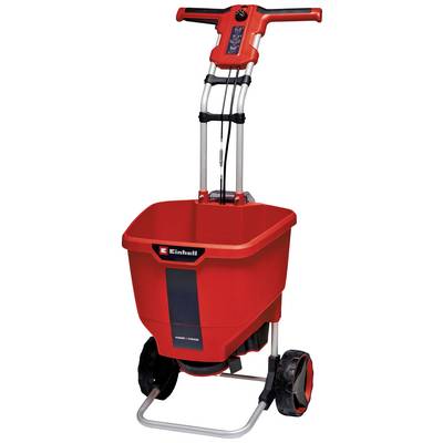 Épandeur Einhell rouge avec poignée ergonomique et grand réservoir, adapté aux travaux de jardinage.