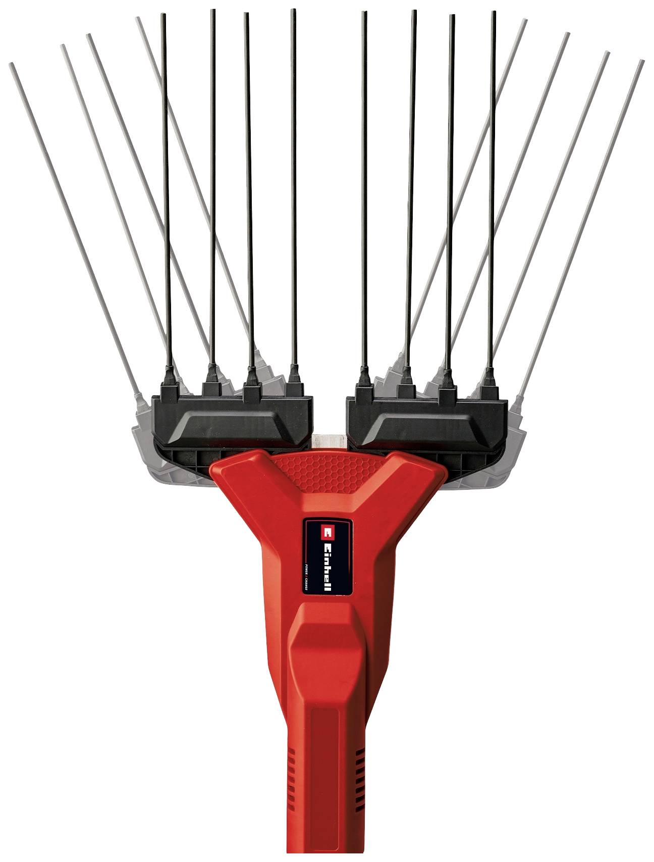 Balai électrique rouge pour feuilles mortes, avec des dents noires alignées uniformément vers le haut. Adapté pour ramasser les feuilles dans le jardin.