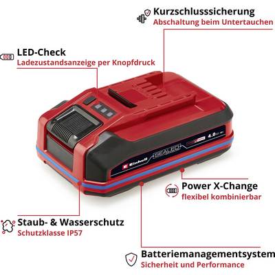 Une batterie rouge avec les inscriptions : 'Protection contre les courts-circuits', 'Vérification LED', 'Protection contre la poussière et l'eau', 'Power X-Change', 'Système de gestion de batterie'.